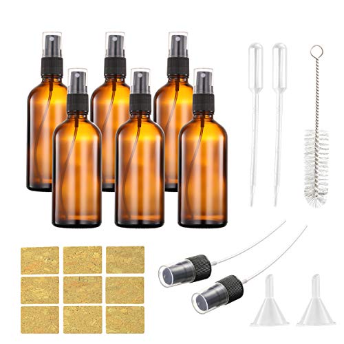 Amber Glass Spray Bottles Set Empty Small Glass Spray Bottles Refillable Cosmetic Containers Fine Mist Sprayer 6 Pack for Essential Oils Cleaning Products Beauty Products or Aromatherapy-100ML 3.5oz