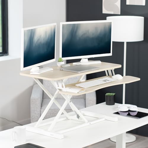 Image of VIVO 36 inch Desk Converter, K Series, Height Adjustable Sit to Stand Riser, Dual Monitor and Laptop Workstation with Wide Keyboard Tray, Light Wood Top, White Frame, DESK-V036KF