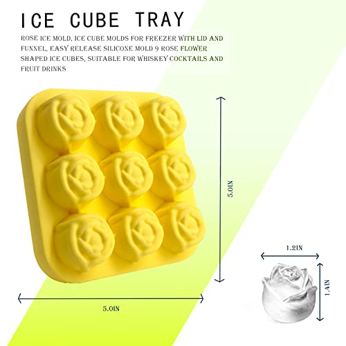 3D Ice Cube 9 Cavity Rose Mold Silicone Tray Reusable,No Leakage Stackable Ice Ball Maker,Easy Release,For Whiskey,Cocktail,Homemade Juice,Chilled Drink,Party( Yellow/9Grid） #TOP1
