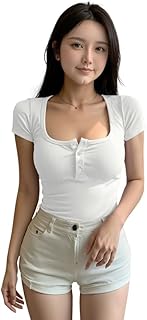 Dream Beauty Fashion Women’s Square Neck Button Front Short Sleeve Stretch Casual T-Shirt, Ribbed Slim Fit Crop Top (Top A Price In India