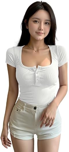 Dream Beauty Fashion Women’s Square Neck Button Front Short Sleeve Stretch Casual T-Shirt, Ribbed Slim Fit Crop Top (Top A...