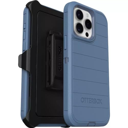 OtterBox iPhone 15 Pro Max (Only) - Defender Series Case - Baby Blue Jeans (Blue) - Screenless - Rugged & Durable - with Port Protection - Holster Clip Includes - Microbial Defense Protection