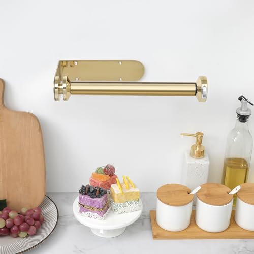 Image of theaoo Paper Towel Holder Under Cabinet, One-Handed Tear Wall Mount Paper Towel Holder Dispenser with Damping Function for Kitchen Organization, Stainless Steel, Self-Adhesive or Drill mounting, Gold