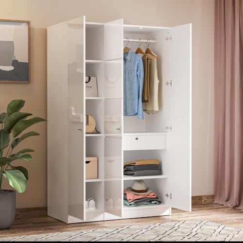 Image of Wakefit Wardrobe for Bedroom | 1 Yr Warranty | Cupboard for Bedroom, Almirah, Wooden Wardrobe, Multi-Shelves Storage with Drawer & Hanger, Density:680-750 kg /m, Free Installation (Tafetta- FW)