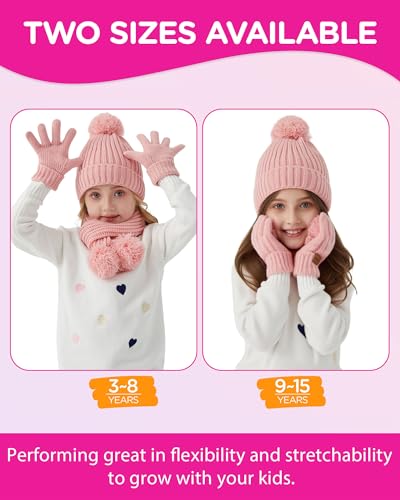 Image of Kids Winter Hat Scarf Gloves Set - Girls Boys Fleece Lined Beanie Hat with Pom Knit Scarf Warm Mittens for Children
