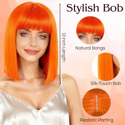 Image of PLULON Orange Bob Wig with Bangs, Short Straight Bob Wig with Heart Sunglasses 12 Inch Shoulder Length Heat Resistant Synthetic Hair for Women Natural Look Daily Use Cosplay Halloween Costume Party