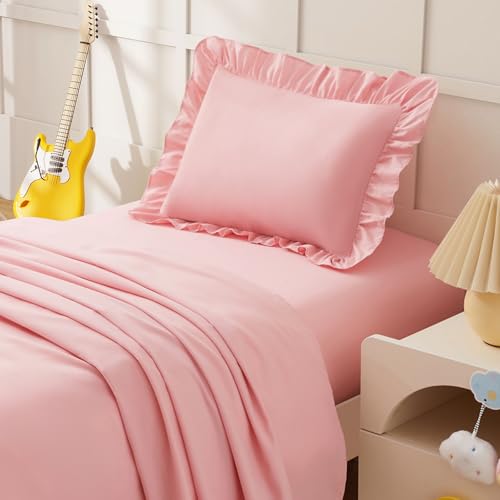 Image of KKJIAF 3 Piece Toddler Sheet Set Microfiber, Includes a Flat Sheet, a Fitted Sheet and a Ruffle Pillowcase, Light Pink