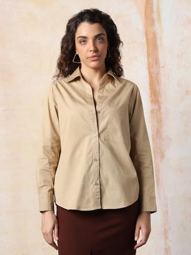 Image of HIGH Star Oversized Solid Cotton Shirt for Women | Stylish Tops for Women | Comfortable and Trendy Casual Shirt