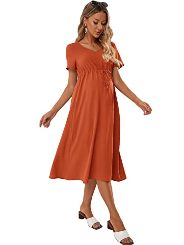 Makemechic Women's Maternity Dress Solid Short Sleeve V Neck A Line Pregnancy Midi Dress Burnt Orange S #TOP16