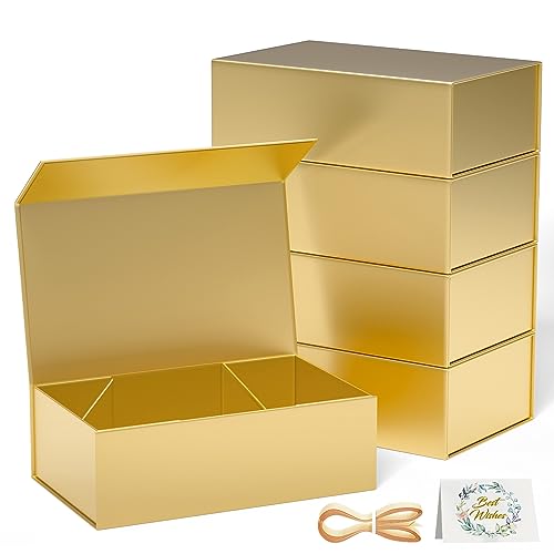 Image of 5 Pack Gold Gift Box, 9.5x6x3 Inch Gift boxes for Presents with Lids Magnetic Closure Rectangle Collapsible for Bridesmaid Proposal Box, Wedding, Christmas, Halloween, Birthday Gift Packging