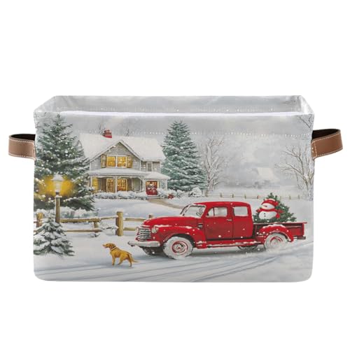 Image of Red Truck Christmas Storage Basket Bin Xmas Tree Winter Snowman Fabric Storage Box Cube with Handles Kids Toys Hamper Closet Shelves Basket Organizer for Bedroom Nursery Home Decorative