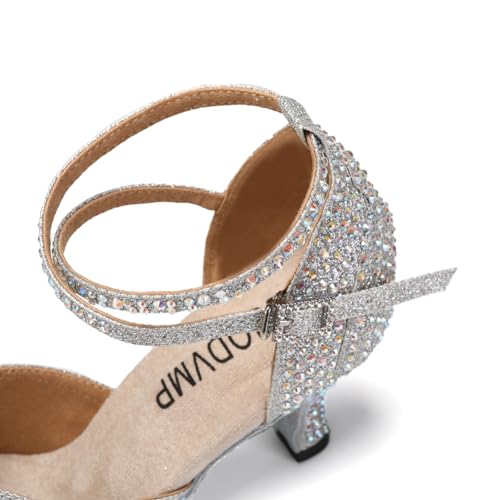 Image of JUODVMP Women's Latin Dance Shoes Rhinestones Satin Ballroom Dancing Shoes Salsa Professional Dance Shoes