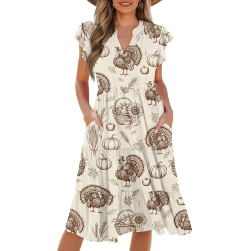 Image of Women's Casual Ruffle Sleeve Dress V Neck Pullover Dress Flowy A-Line Pleated Lightweight Dress with Pockets