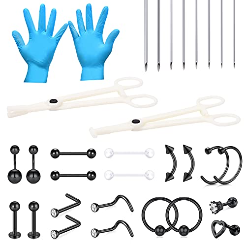 32PCS Body Piercing Kit, Disponsable Piercing Clamps and Piercing Needles Set 316L Staineless Steel 14G 16G 18G 20G Black Piercing Jewelry for Belly Navel Lip Eyebrow Nose Tragus Septum Ring
