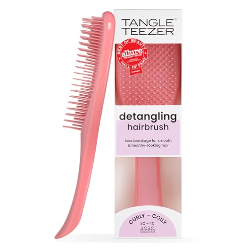 Image of Tangle Teezer Ultimate Detangler Curly Hair Brush, 3C to 4C, Coral Pink | Patented two-tier, firm-flex teeth detangle, reduce breakage & frizz on wet or dry hair; hairbrush for curly to coily hair