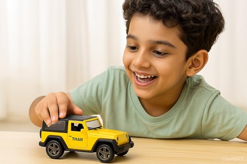 Image of 1:36 Scale Thar Toy Car - Die-Cast Alloy Model SUV with Pullback Action, Lights & Music, Openable Doors - Collectible Jeep Toy Car for Kids, Boys & Enthusiasts (Yellow)