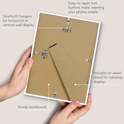 Image of Americanflat 8x11 Picture Frame with Shatter-Resistant Glass - Streamline Collection - Thin Border Photo Frame for Tabletop and Wall Display - Hanging Hardware and Easel Stand Included - White