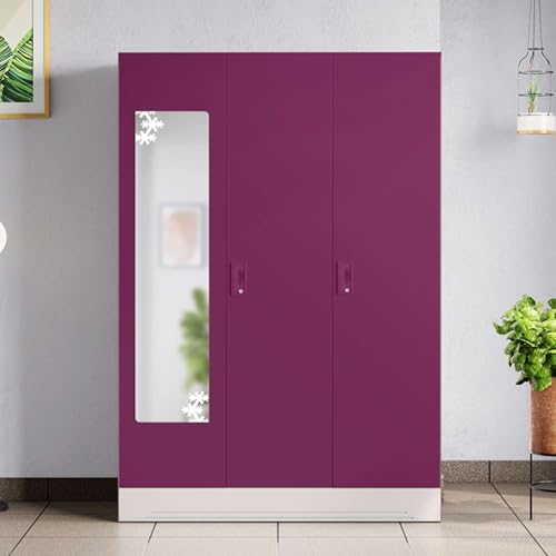 Image of Interio by Godrej Almirah Slimline 3-Door Steel Almirah, Cupboard for Clothes (Purple), 1-Year Warranty, 7 Shelves, 1 Locker, Star Design Mirror