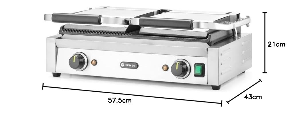 HENDI Piastra Elettrica a Contatto Doppia, Grill/Griglia Panini Professionale, Piastre Liscia e Rigata in Ghisa Smaltata, 230V, 3600W, 570x375x(H)216mm, Acciaio Inox