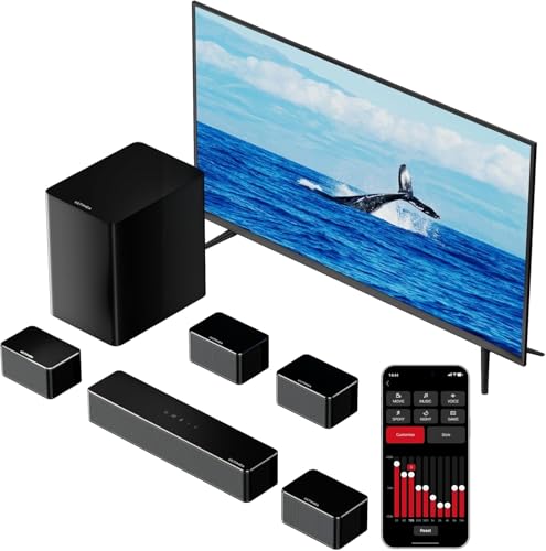 ULTIMEA Poseidon D70 7.1 Surround Soundbar für TV, Heimkino Sound System mit kraftvollem Subwoofer, 4 Surround Lautsprechern & APP-Steuerung, 410W TV Lautsprecher Set