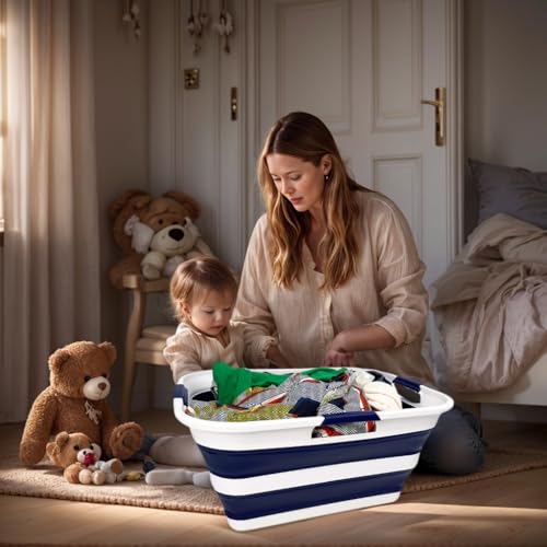 Image of SAMMART 42 (11 Gallons) Collapsible Plastic Laundry Basket, Foldable Pop Up Storage Container /Organizer, Space Saving Hamper, Portable Bin for Dorm Room Bathroom (1, White /Starry Blue)