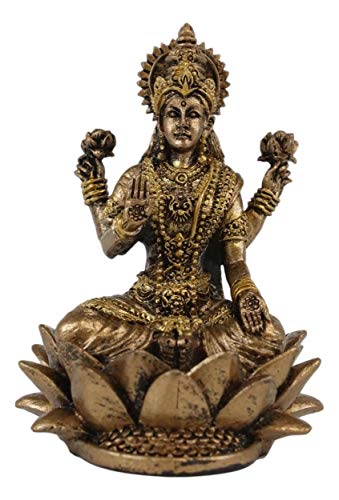 Ebros Eastern Enlightenment Vastu Hindu Beautiful Goddess Lakshmi Consort of God Vishnu Seated On Lotus Flower Throne Miniature Figurine 2.5" Tall Deity of Wealth Prosperity and Beauty Mini Sculpture