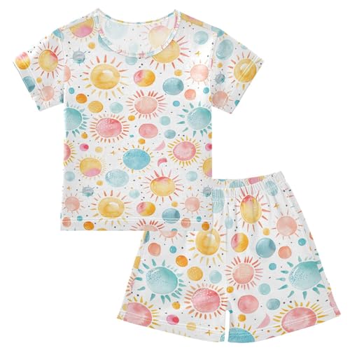 ALAZA Watercolor Sun Polka Dot Pajamas Set Short Sleeve Cotton Sleepwear Summer Pjs 2 Piece 5-14Y