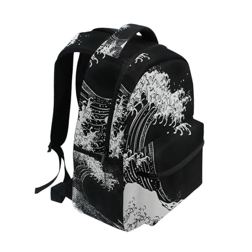 Japanese Waves Black Backpack Daypack Shoulder Bag Book Bag Lightweight Back Pack 12 ×16.9 In2