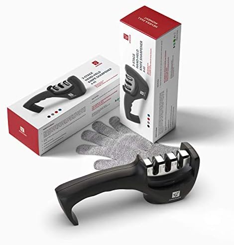 Kitchen Knife Sharpener Knives Sharpening - 3 Stage Sharpens Chef's Knife Tool, Kitchen Accessories Help Repair, Restore and Polish Blades Quickly, Food Safety Cut Resistant Glove Included, Black