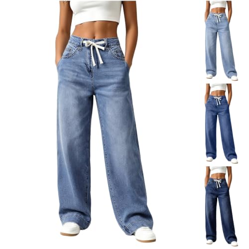 Wide Leg Jeans for Women Stretch High Waisted Drawstring Jeans with Pockets - image 1