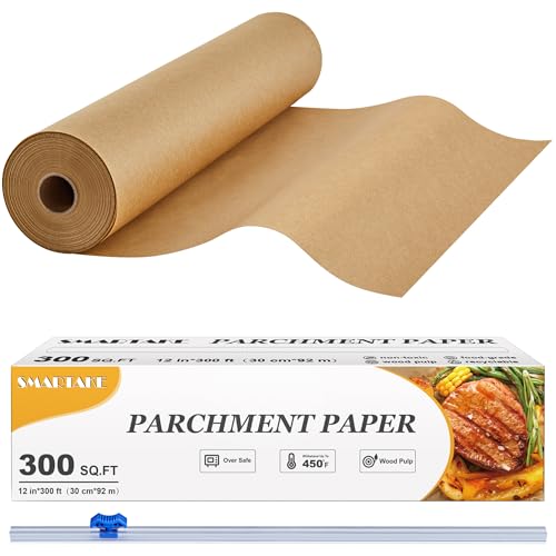 SMARTAKE Parchment Paper Roll for Baking, 12 in x 300 ft, 300 sq.ft, Non-Stick Baking Paper Sheets with Slide Cutter, Heavy Duty Extra Long, for Kitchen Baking Cooking Grilling Steaming, Unbleached