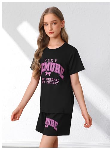 Image of Verdusa Girl's 2 Piece Outfits Letter Print Bow Graphic Tee with Shorts Clothing Set