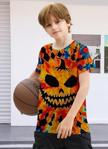 Image of Boys Halloween Shirt Tie Dye Size 9-10 Orange Short Sleeve T-Shirts Kids Colorful Graphic Tees Clothes Hippies Senior Tye Dye T Shirts