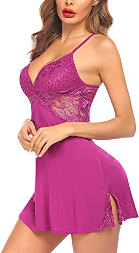 ELizoop Lencería de Cami con Ribete de Encaje para Mujer, Vestido de Peluche con Cuello en V para Dormir (Fucsia,XL) Cover