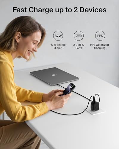Image of Belkin 2-Port USB C Charger Block 67W, Dual-Port GaN Charger w / 2X USB C Ports, Fast Charging for MacBook, iPhone 17, iPad Pro, Chromebook, Galaxy S25 Ultra, Pixel 10, & More - Travel Essentials