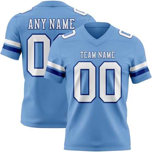 Custom Light Blue White Navy Authentic Flag Football Jerseys Hip Hop Rugby Shirts for Men Women Youth Boys Girls, Personalized Short Sleeve V-Neck Sports Practice Uniforms for Soccer Volleyball Teams