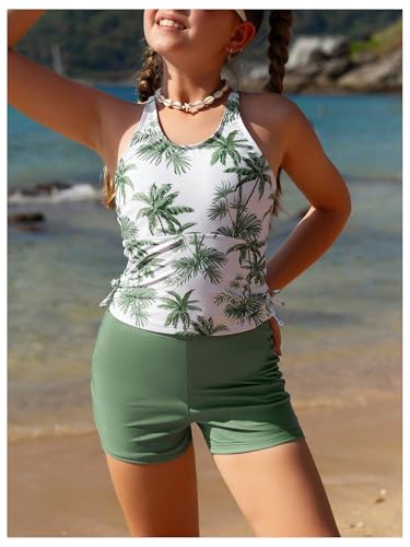 OYOANGLE Girl's 2 Piece Tankini Swimsuits Tropical Print Knot Side Beach Sports Bathing Suits Beachwear4
