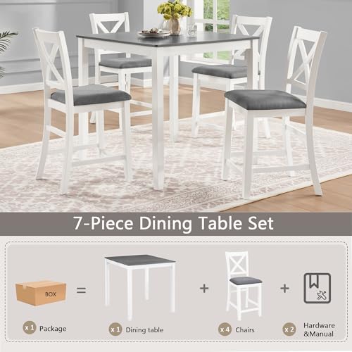 Image of Harper & Bright Designs 5-Piece Counter Height Dining Table Set with 4 Chairs, Square Wooden Kitchen Table Set for 4, Modern Small Space Dining Room Set with Padded X-Back Chairs, Grey & White