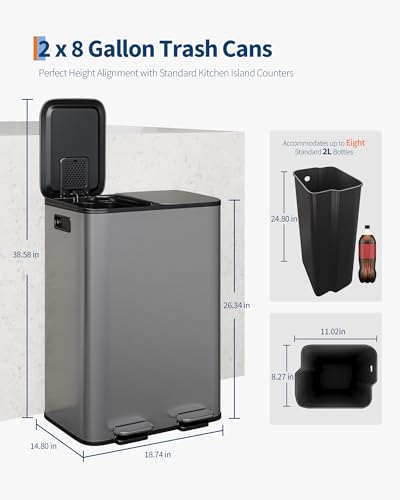 Caneca de basura rectangular 60 L con doble compartimento gris miniatura 2
