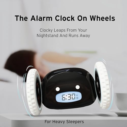 CLOCKY Alarm Clock on Wheels (Authentic) | Extra Loud for Heavy Sleeper (Adult or Kid Bed-Room Robot Clockie) Funny, Rolling, Run-away, Moving, Jumping (Black&Blue)