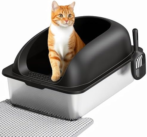 OLIXIS Stainless Steel Large Cat Litter Box with Lid, High Wall S...