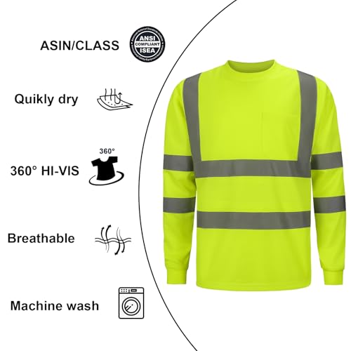 DPSAFETY High Visibility Class 3 T Shirts, Hi Vis Safety Shirts with Reflective Strips and Pocket, Long Sleeve Quick Dry Mesh Construction Work Shirt for Men/Women Lime,3XL by DPSAFETY - Used condition - Image 3