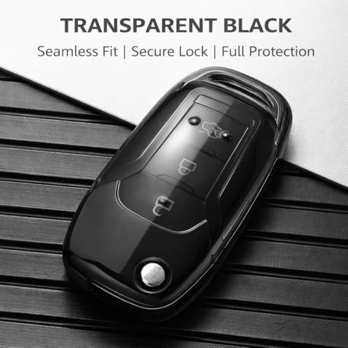 Image of JVCV Soft TPU Transparent Black Key Cover Compatible with Ford Endeavour Figo Aspire Freestyle 3 Button Folding Key | Shockproof Protective Case (Transparent Black Style B)