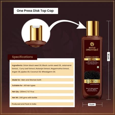 Image of Khadi Organique Onion Black Seed Hair Oil | Natural Blend with Curry Leaf & Cumin | Promotes Strong, Silky & Healthy Hair | Nourish Scalp & Helps in Hair Growth | No Mineral Oils or Silicones - 200ml