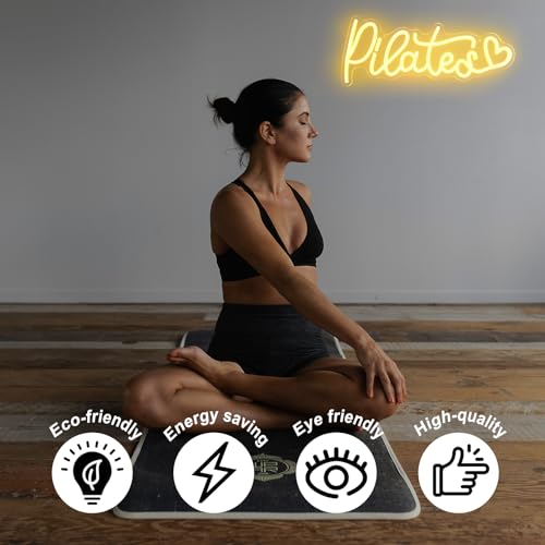 Image of Pilates Neon Sign Yoga LED Neon Lights for Bedroom Gym Yoga Studio Decor | Orange Letter with Love LED Sign, Dimmable Acrylic Neon Wall Sign, Motivational Wall Art, Pilates Pavilion Decor, USB Powered
