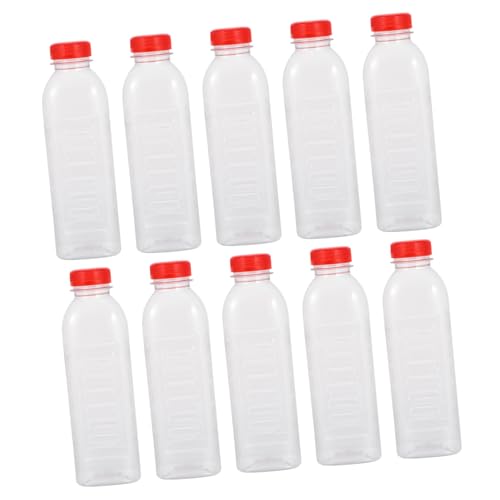 DINHEAROM 10pcs Transparent Plastic Empty Juice Bottles with Measurement Scale and Beverage Containers for Juicing and Drinks