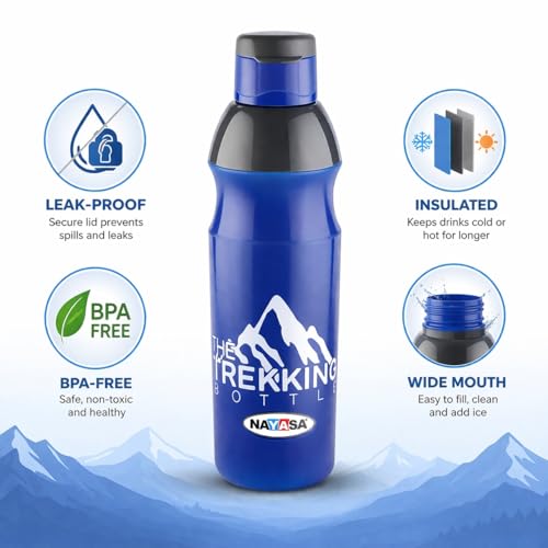 Image of Nayasa Trekking 700ml Water Bottle | BPA-Free Insulated Plastic Inner | Leak-Proof Twist Cap | For Office, School, Gym, Travel, and Outdoor Use | Blue
