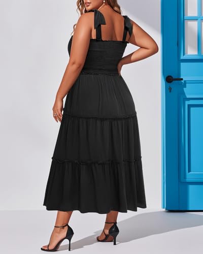Image of Plus Size Summer Dress - Sun Boho Beach Casual Floral Tiered Smocked Long Maxi Dresses