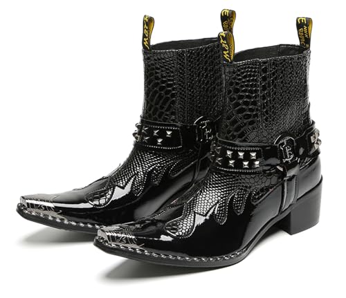 Santimon Men's Genuine Leather Western Chelsea Cowboy Boots | Mid-Top with Metallic Wingtip Toe & Snakeskin Buckle | Dress-to-Casual for Stage, Neon Nights