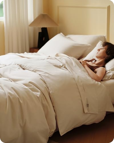Image of Bedsure Cooling Duvet Cover Queen Size, Cotton & Viscose Derived from Bamboo Duvet Cover Set, PureWoven Ultra-Soft, Breathable & Lightweight Home Bedding for All Seasons (Beige, 90 inchx90 inch)